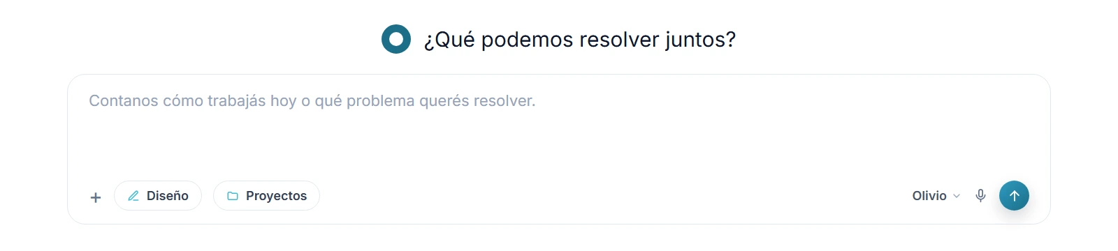 Caja de conversación de Olivio con la pregunta «¿Qué podemos resolver juntos?» sobre un campo de texto vacío